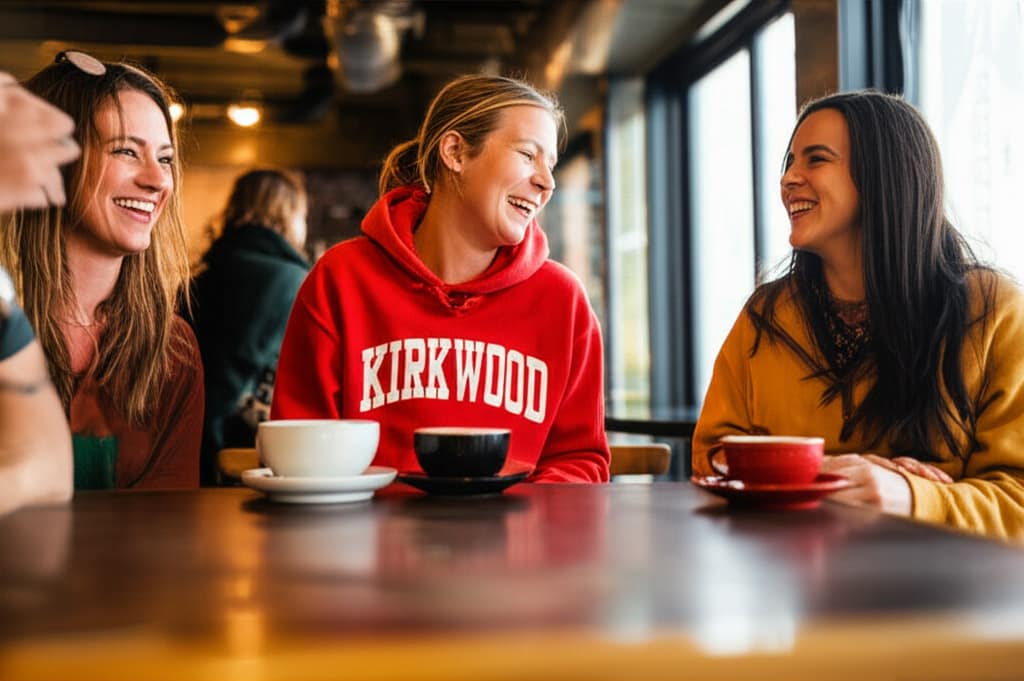 A photo of three women enjoying coffee together. One is wearing a Kirkwood High School sweatshirt