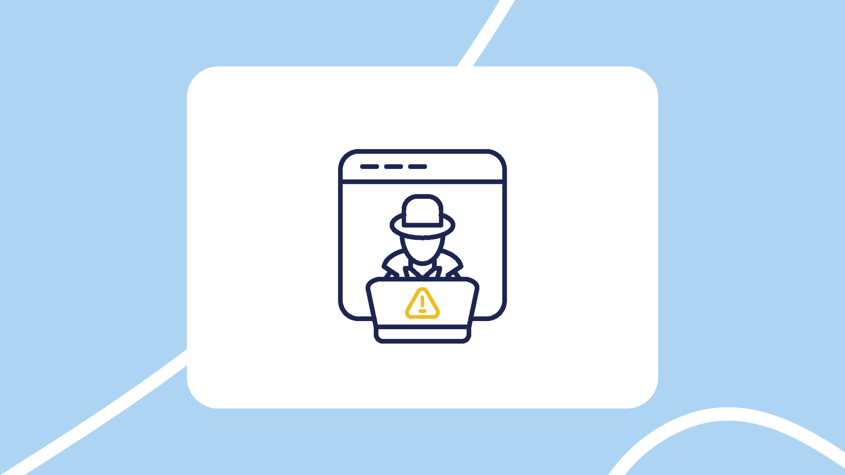 Ilustración de un hacker frente a un portátil con un icono de alerta, dentro de una ventana de navegador, sobre fondo azul claro.