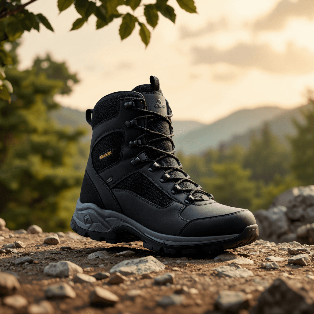 product photography of a pair of black hiking boots designed for outdoor activities