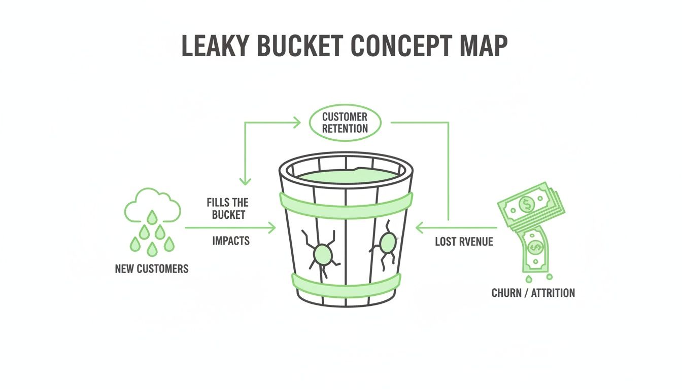 A Leaky Bucket Concept Map illustrating customer acquisition, retention, churn, and lost revenue.