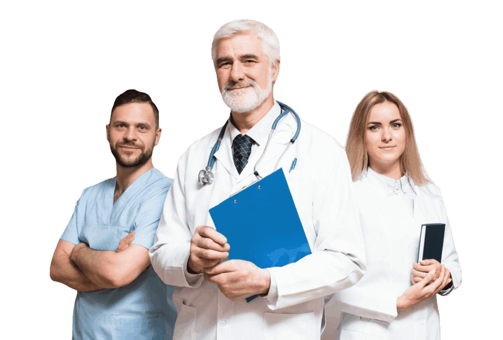 Three doctors in white coats standing confidently.