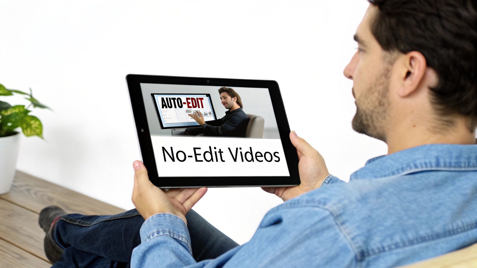 Man holding a tablet displaying a video titled 'AUTO-EDIT' and 'No-Edit Videos'.