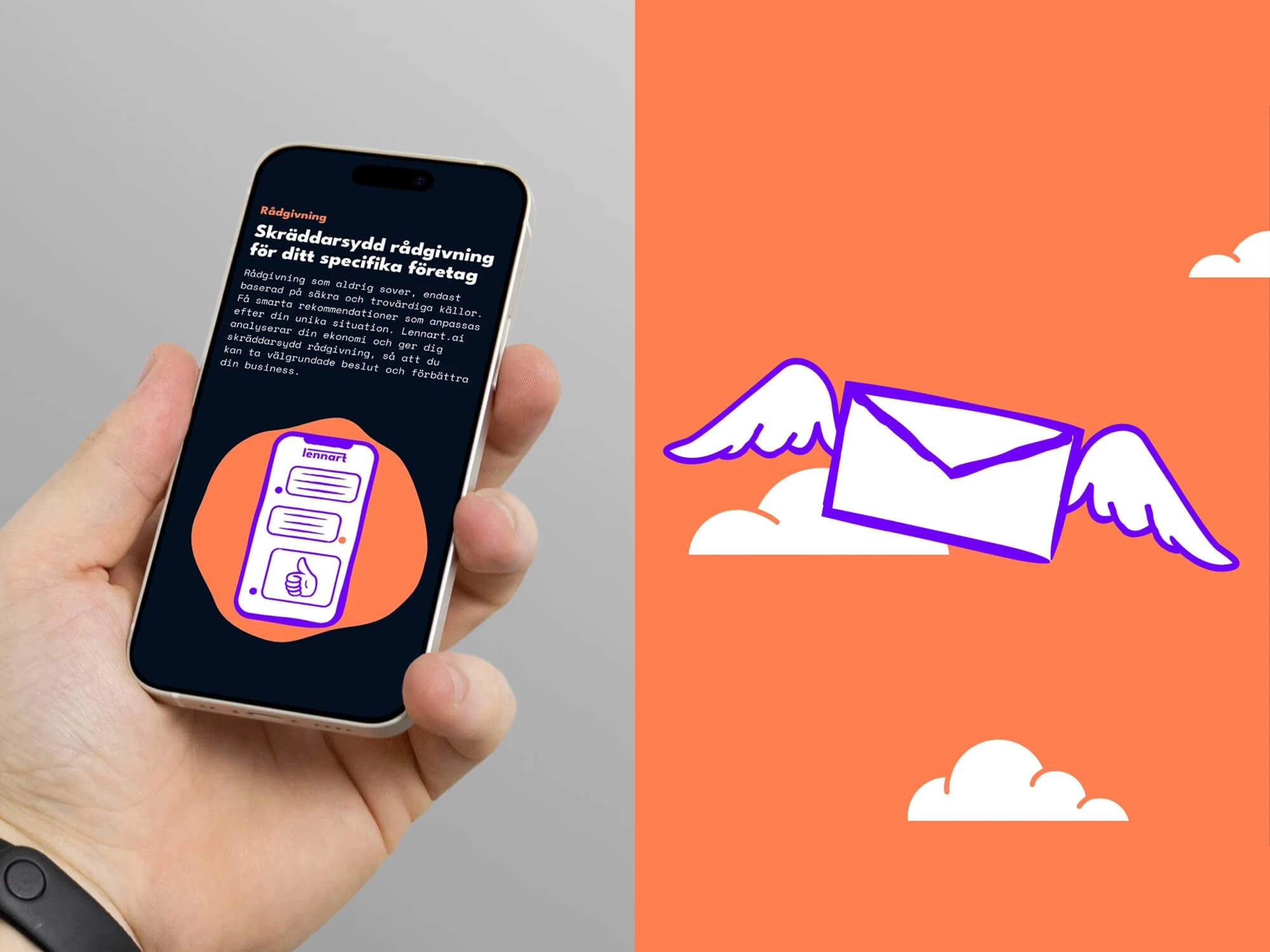 Person som håller en smartphone med Lennart.ai:s webbplats på skärmen, med specialanpassade illustrationer och engagerande digital varumärkesdesign.