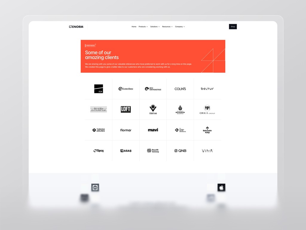 Client showcase section from Enorm Technology website, featuring logos of enterprise partners in clean grid layout