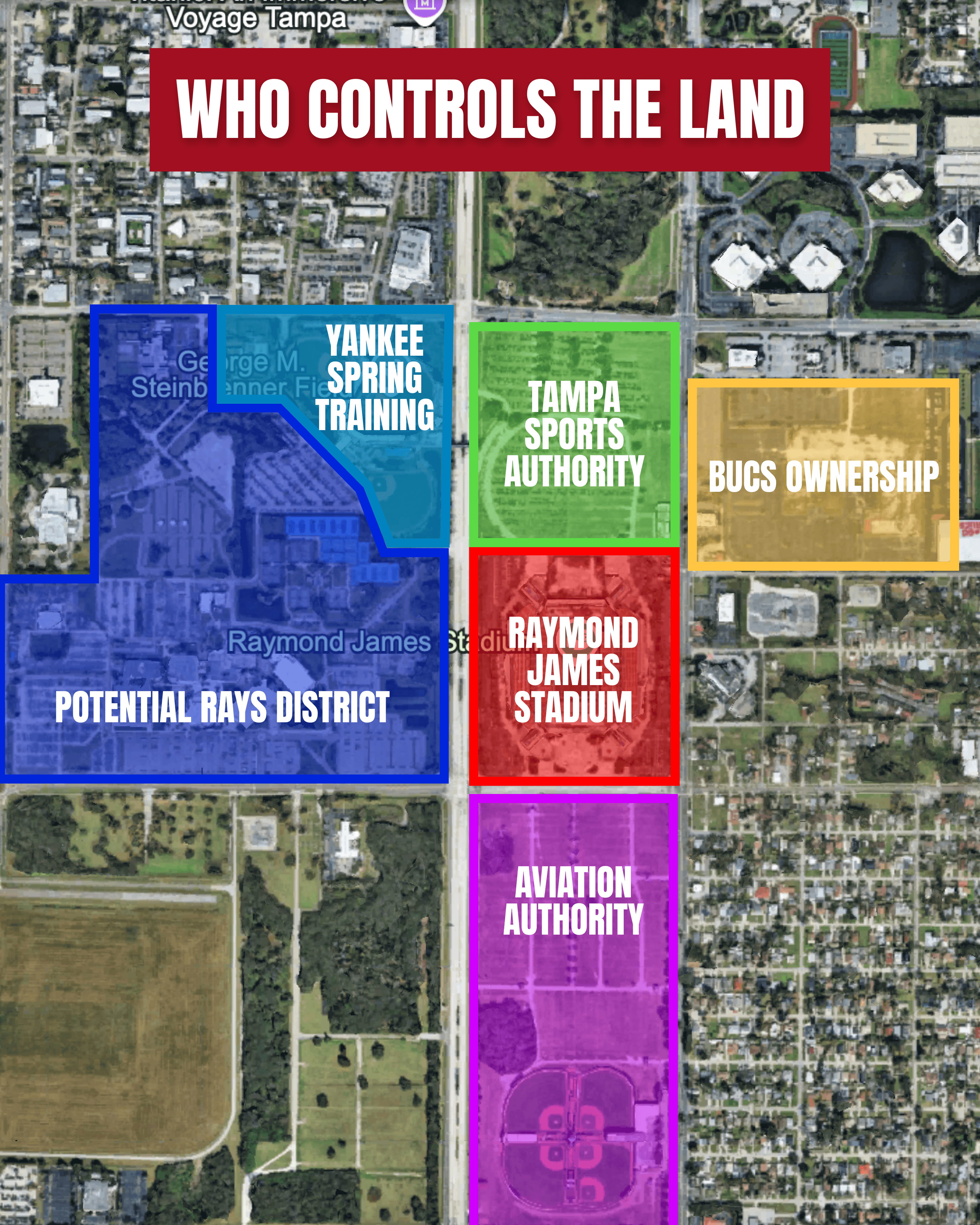 Detailed map of Tampa land ownership and control showing Potential Rays District, Raymond James Stadium, Tampa Sports Authority, Bucs Ownership, and Aviation Authority zones