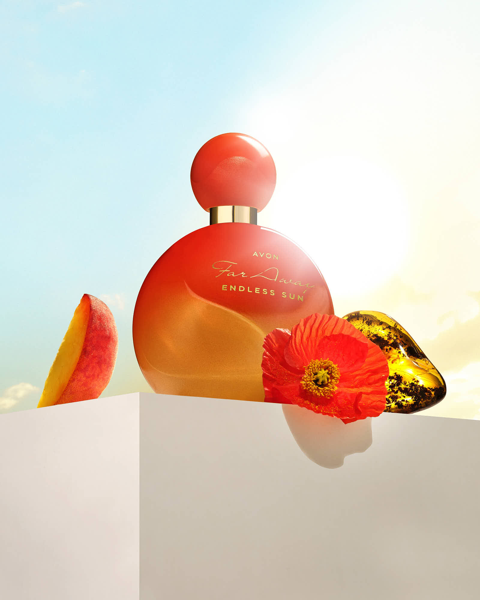 A colorful arrangement of abstract shapes in red and orange hues, set against a soft blue background.