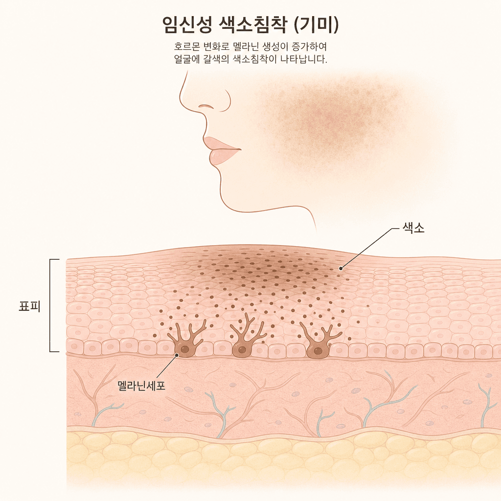 임신 중 멜라닌세포가 활발해지며 색소가 올라오는 모습