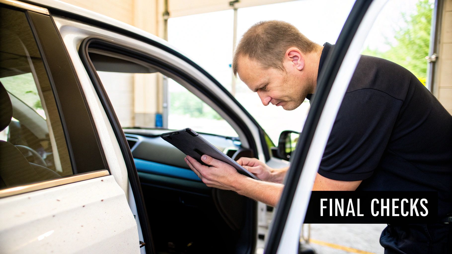 Auto technician conducting a detailed inspection inside a white car with a digital tablet.