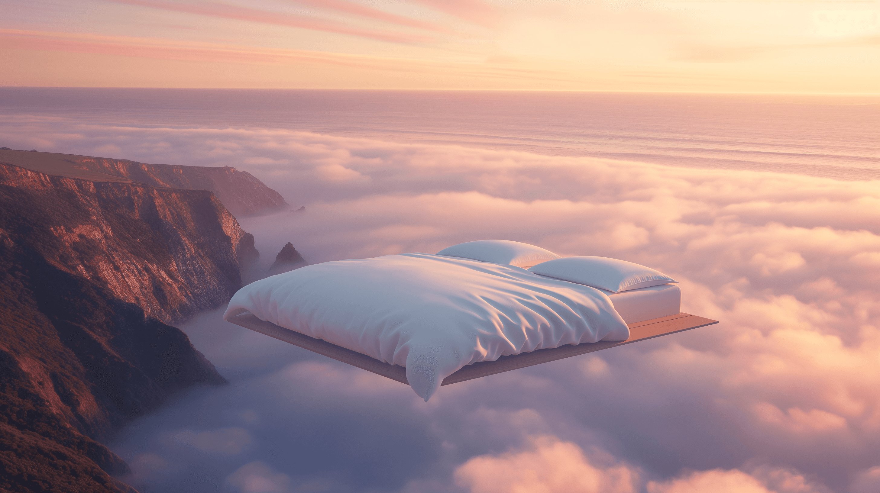 A simple, minimalist, bed flying in the clouds. White bedding, sheets, and pillows. sky is beautiful, soft pastel colors. California coast, cliffs, sea with gentle waves, and Sea Ranch visible on the ground. Golden hour.