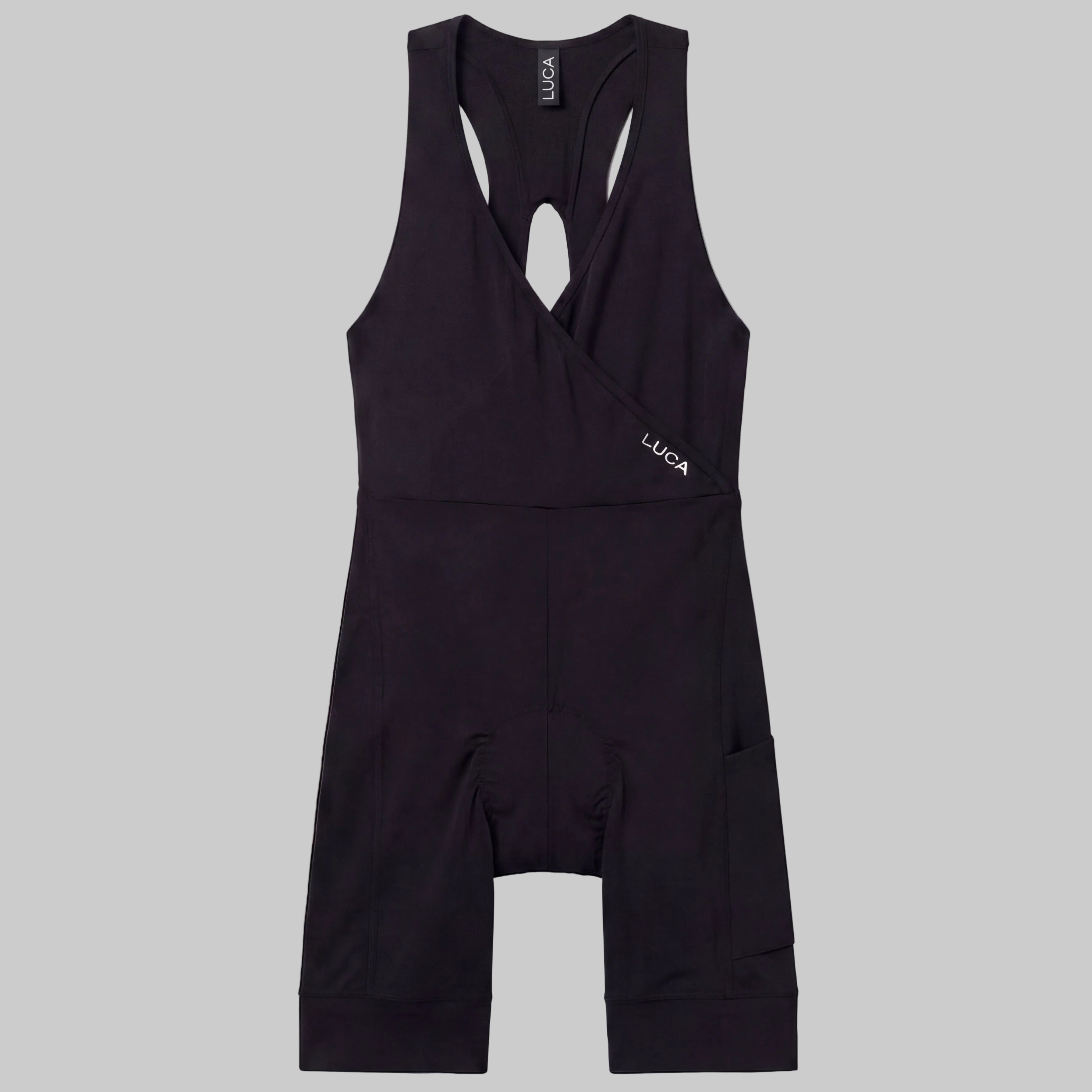 LUCA Road All-In-One Cargo bib shorts in black, front flat lay
