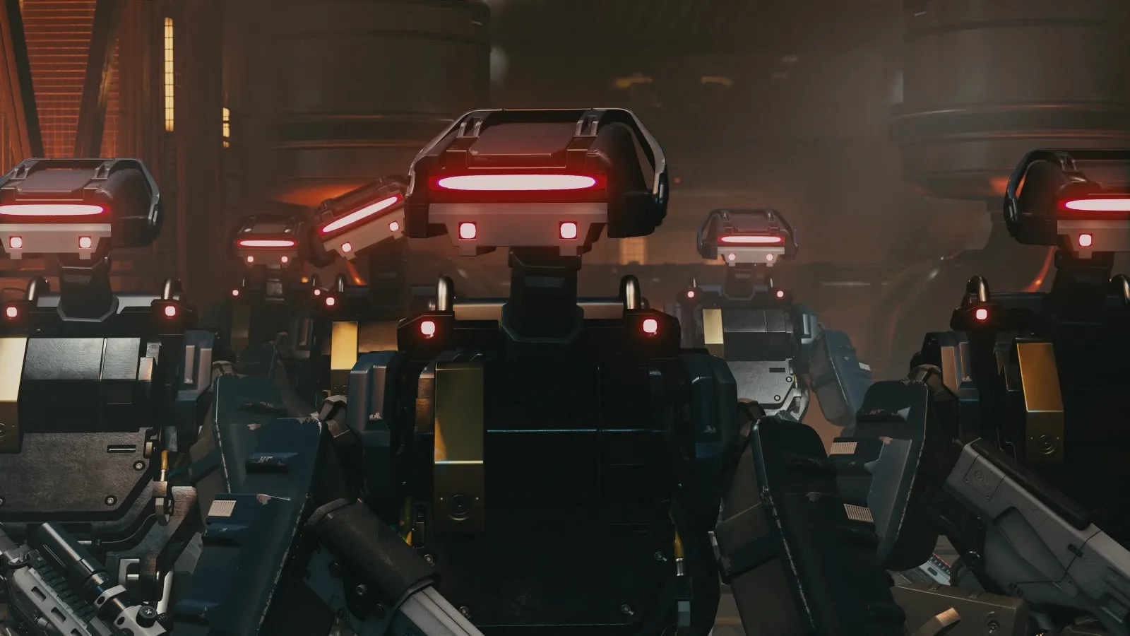 A group of futuristic robots with glowing red lights stand in formation inside a dimly lit industrial facility, showcasing advanced technology and robotic precision.