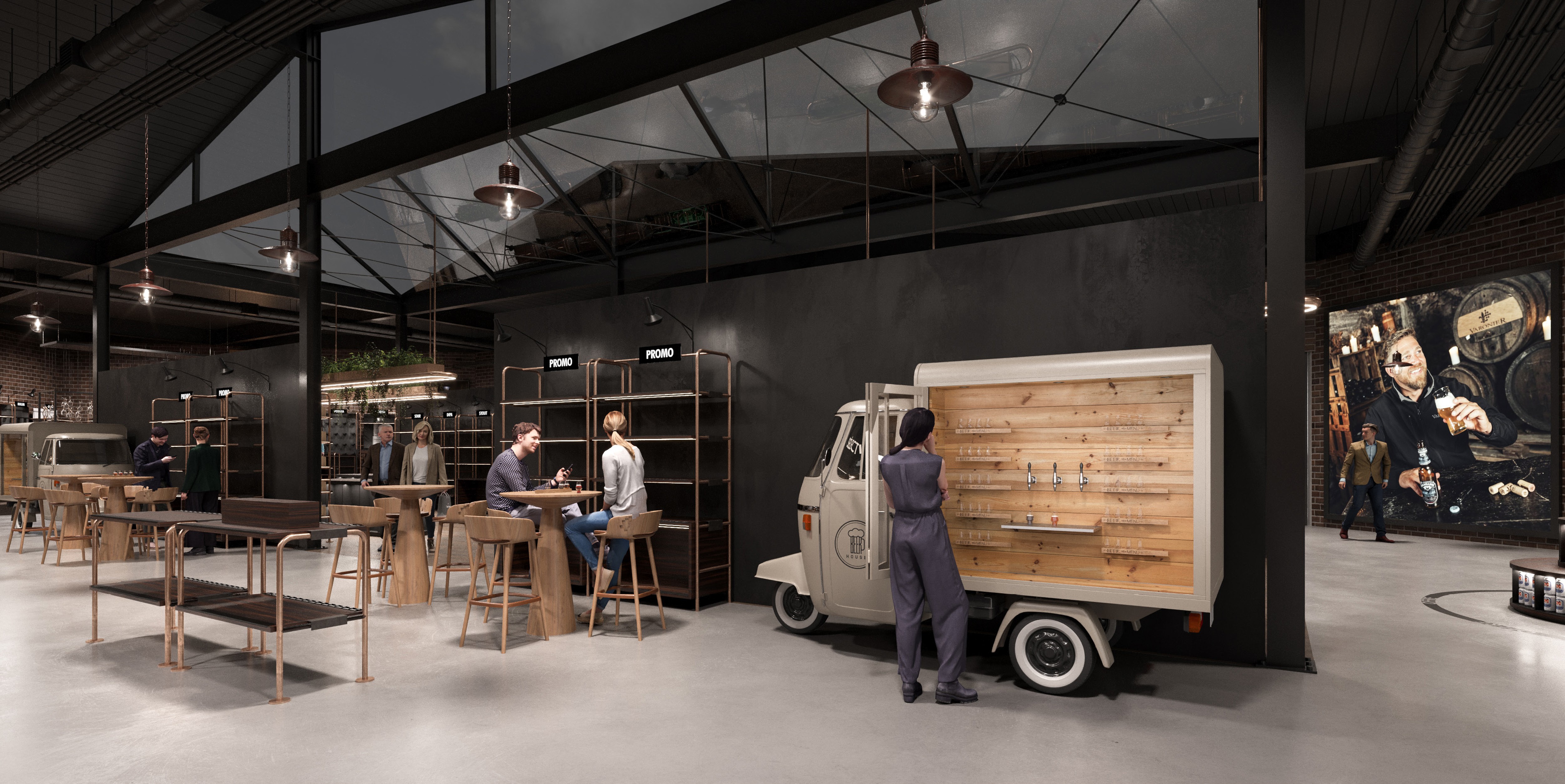 Small truck testing free beer  for Beer store design retail and scenography concept and industrial area in Switzelrand 