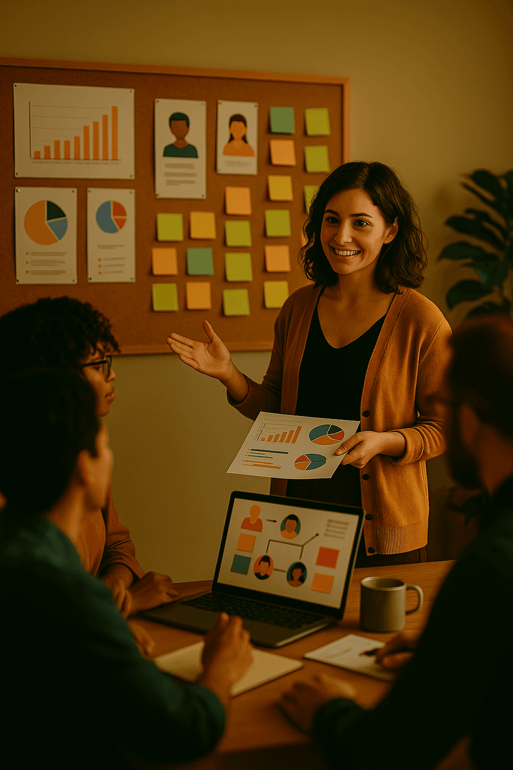 A person wearing a beanie and glasses is working at a computer desk in a sunlit apartment, surrounded by plants, with a cityscape visible through the large windows.
