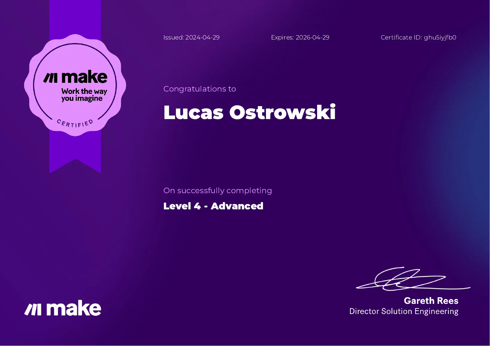 An image representing a Level 4 Make.com certificate for Lucas Ostrowski