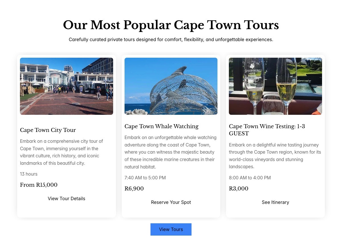 tours section design for a travel website in cape town created by madebycebo