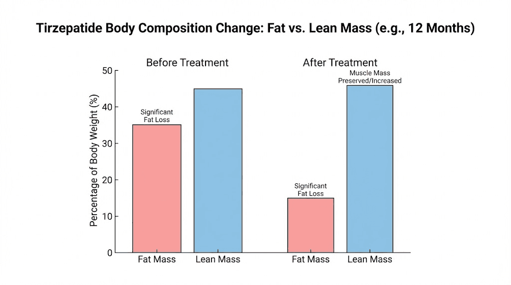 Tirzepatide body composition changes showing fat loss versus lean mass retention