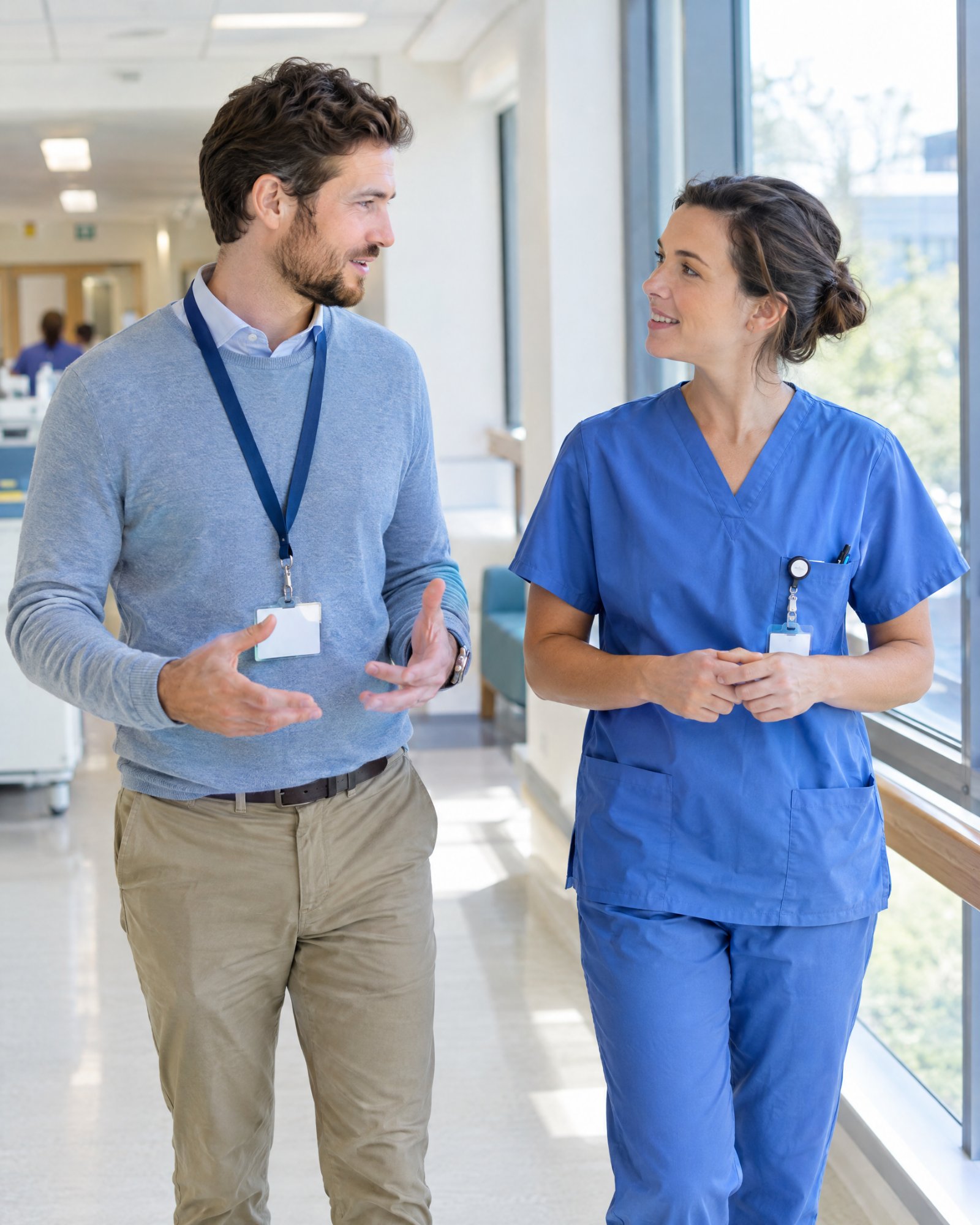 A man with a lanyard and a woman in blue scrubs talking as they walk along a hospital corridor