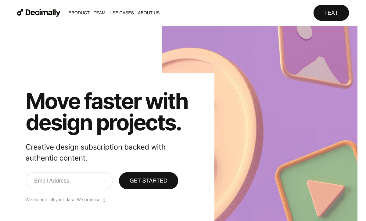 Framer website mockup with headline ‘Move faster with design projects’ and abstract 3D geometric shapes.