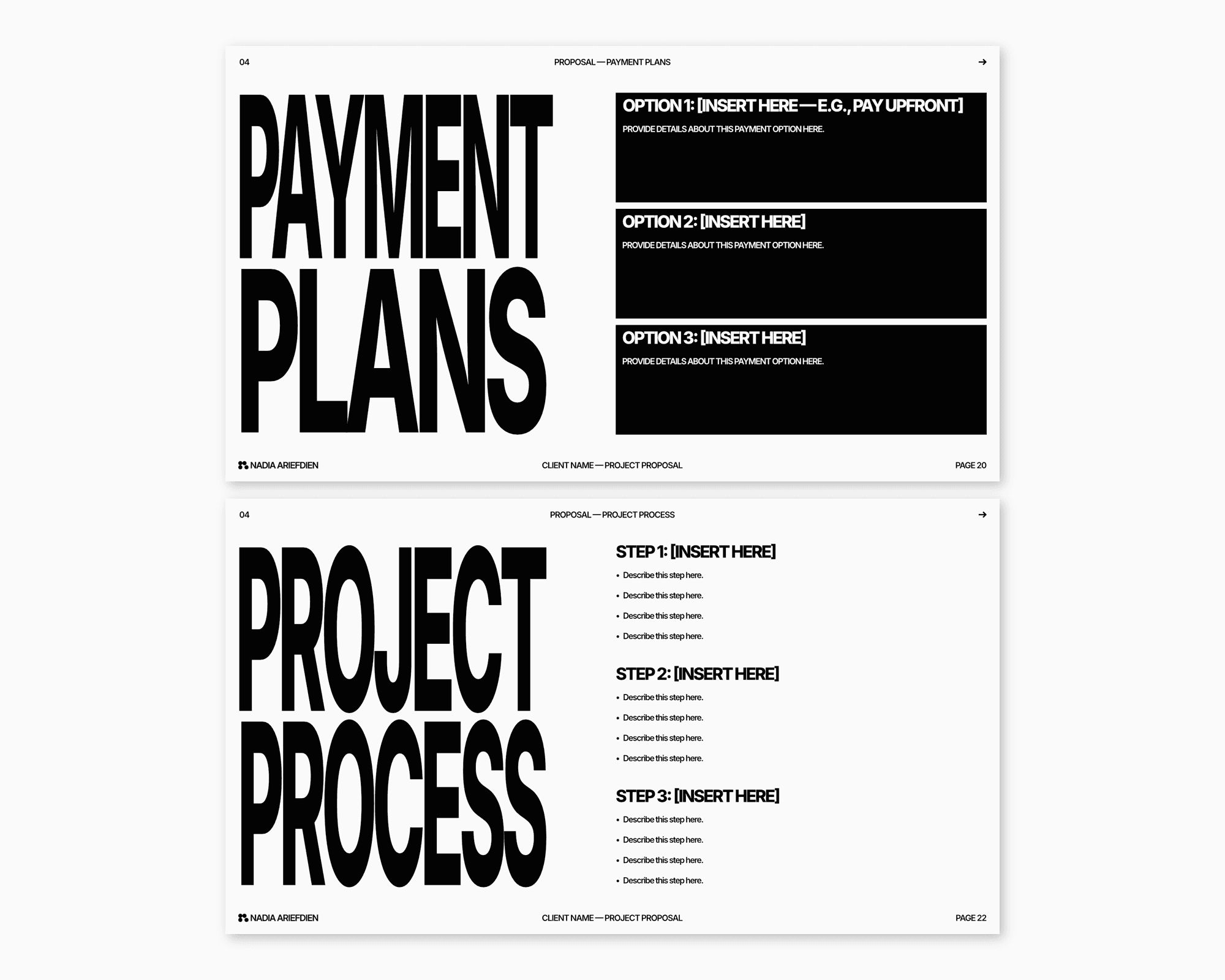 Two pages from Nadia Ariefdien's Project Proposal Presentation Template.