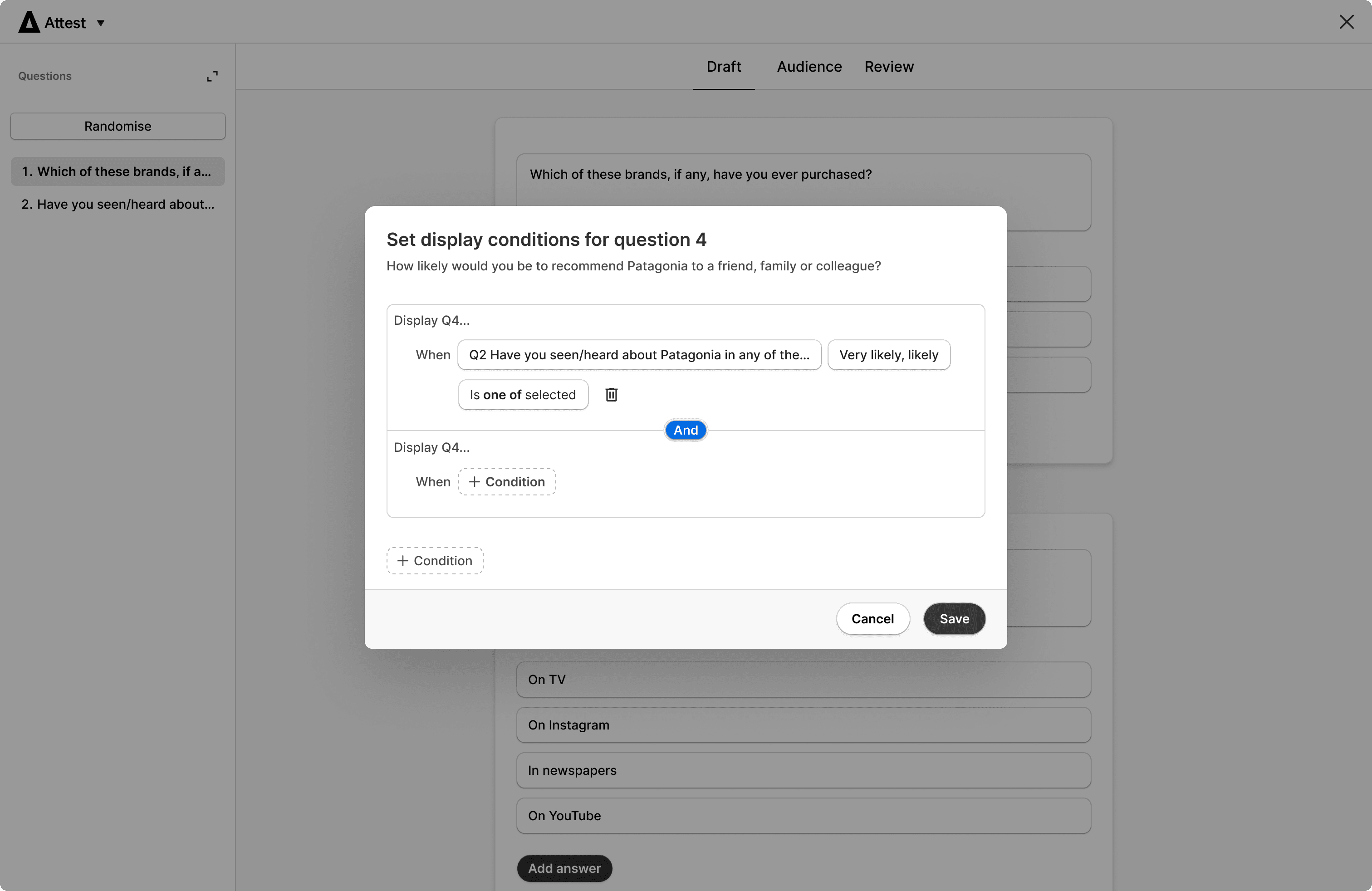 an image of a screen with a open modal dialog. The modal dialog is titled Set display conditions for question 4 and there are a series of controls for creating display conditions.