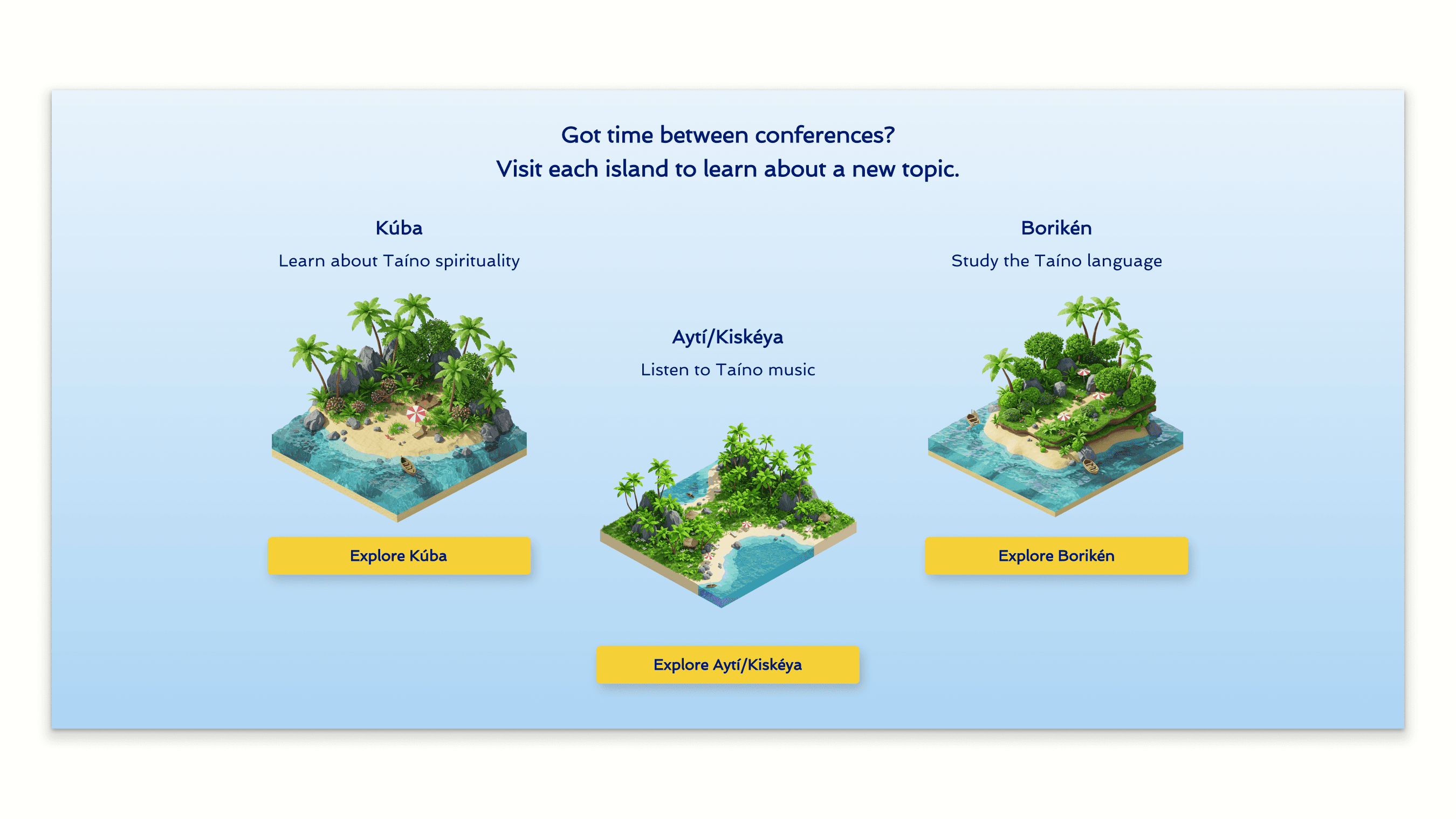 Partial hero wireframe showing an invitation to explore the Three Islands, each with its name, theme description, image, and a button linking to its dedicated page.