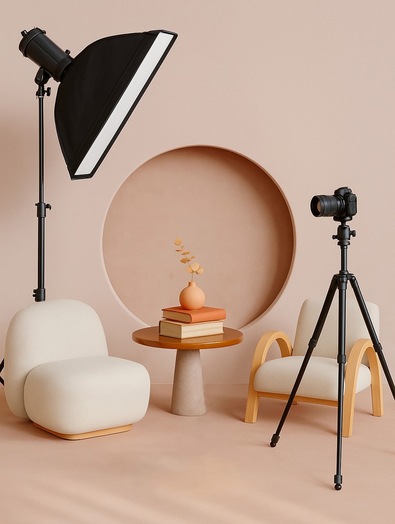 Minimalist beige room with a rounded chair, side table, and potted plant