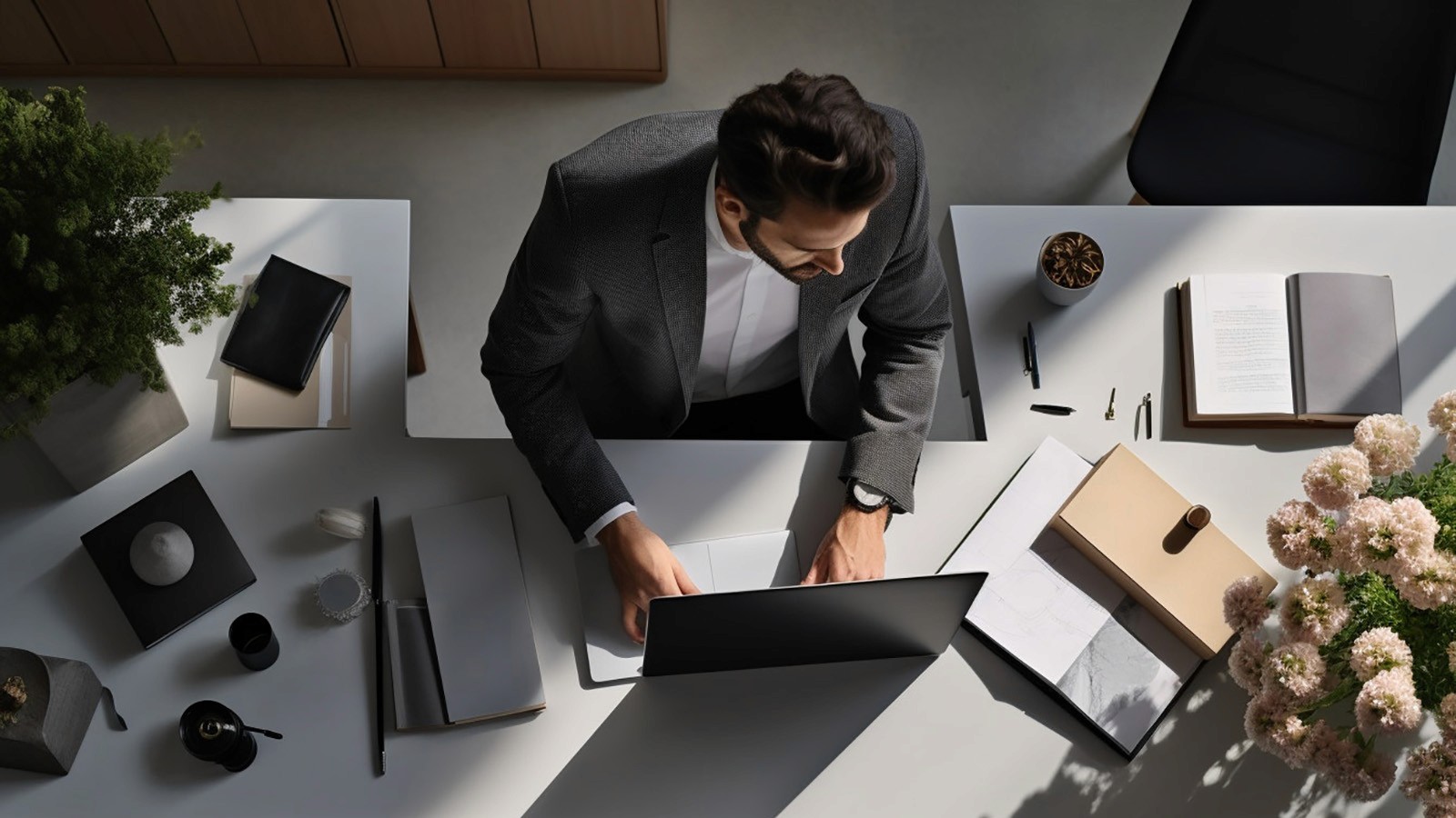 Top view from person in a suit working at a desk