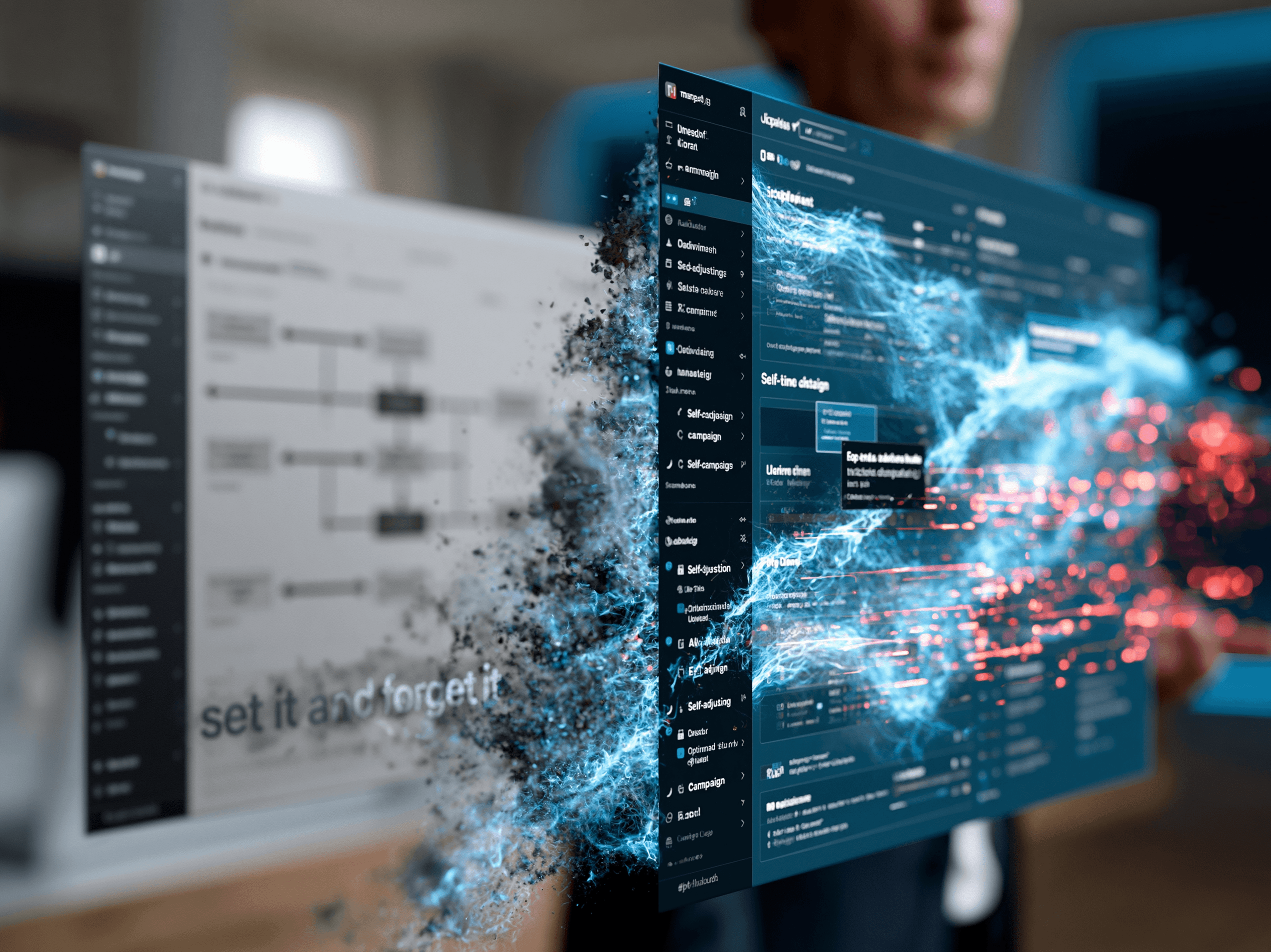 A split-screen concept showing two contrasting marketing dashboards.