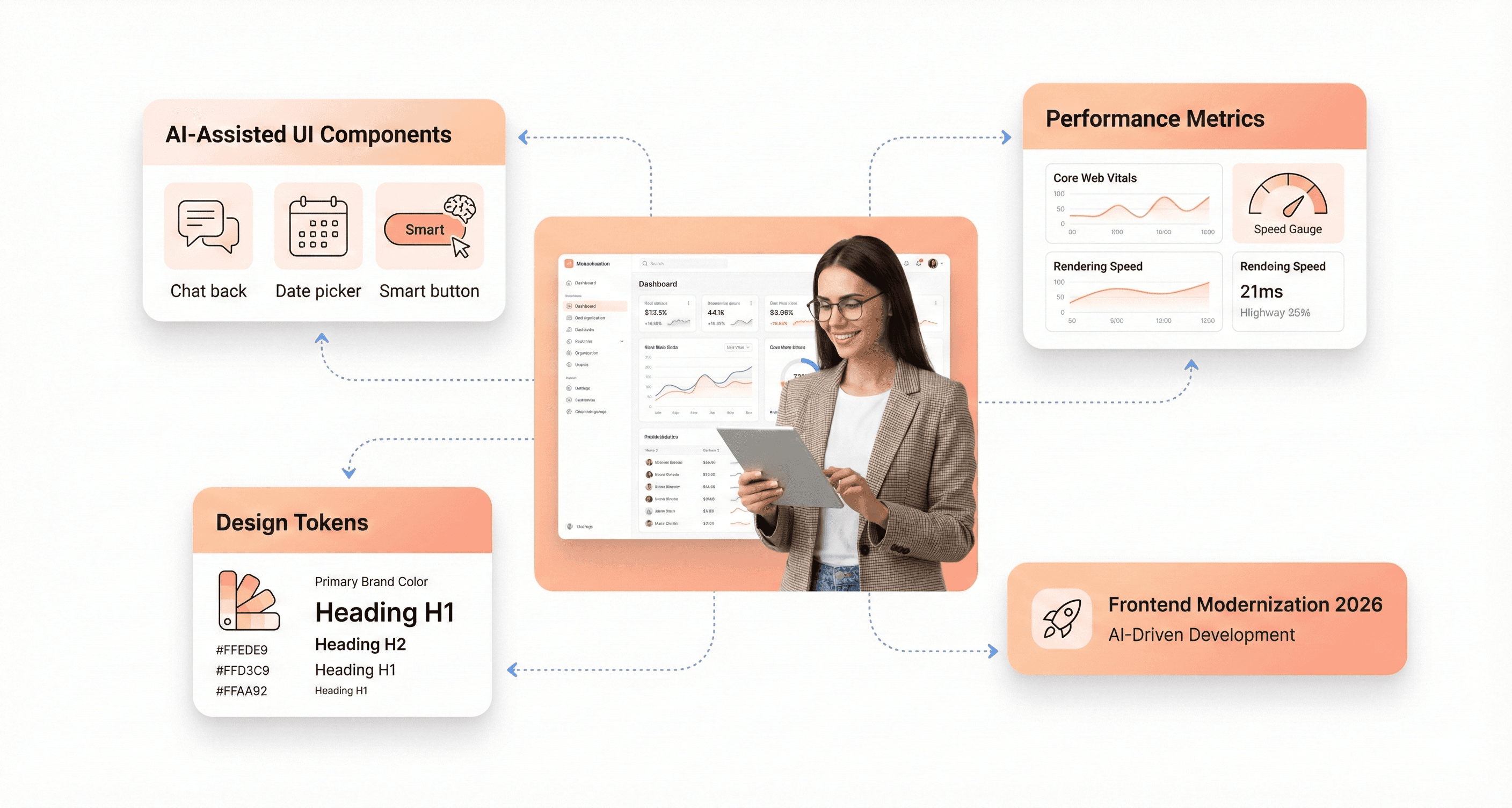 AI-powered frontend modernization in 2026 showing a frontend engineer reviewing a modern SaaS dashboard with AI-generated UI components, performance metrics, and design system elements in a clean professional interface.