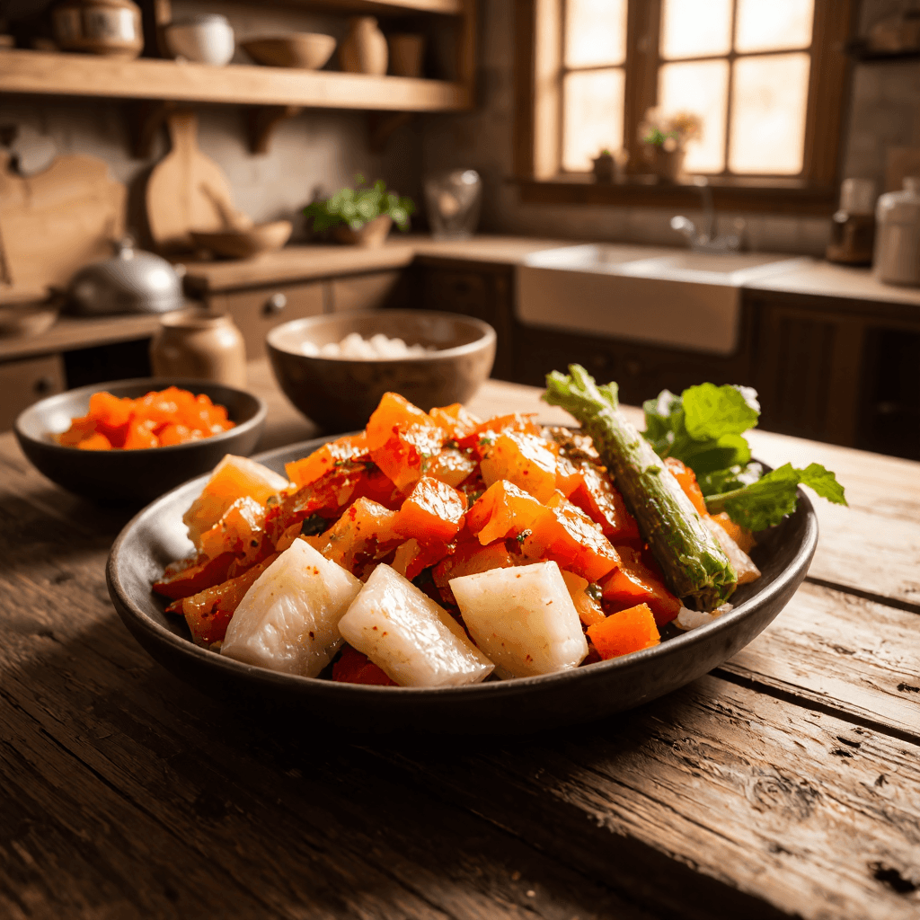product photography of a plate of fermented vegetables, typically used as a side dish