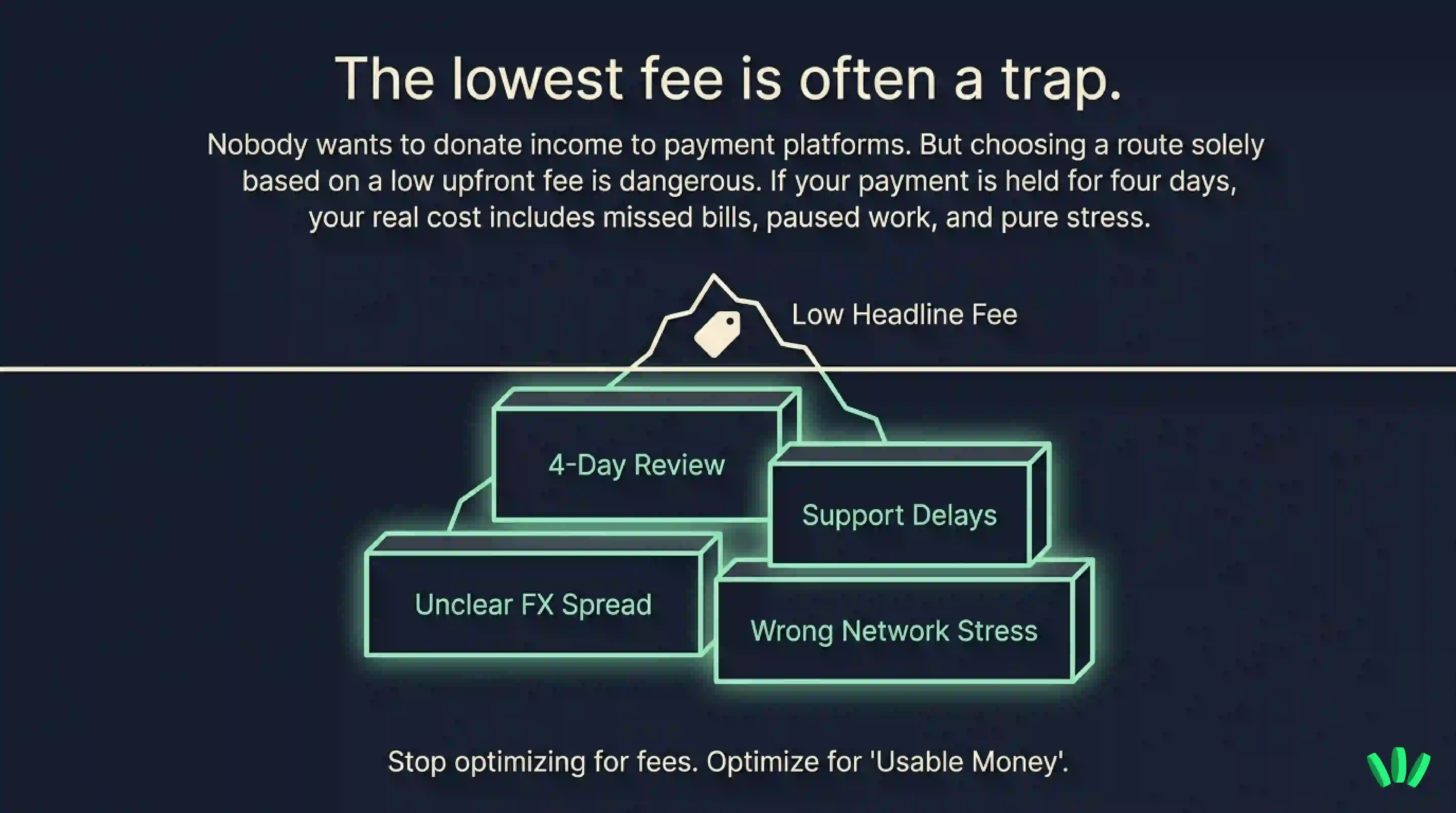 A visual showing how a low headline fee can hide payment review delays, unclear FX spreads, support delays, and wrong-network stress for freelancers.