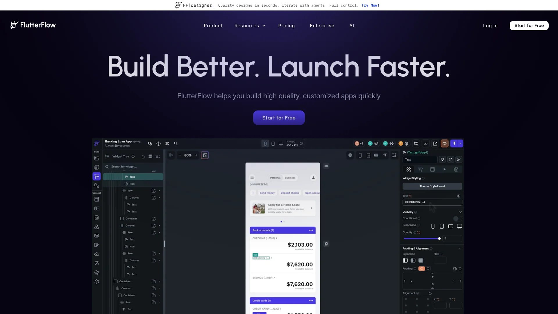 FlutterFlow visual editor with a mobile app canvas and component panel