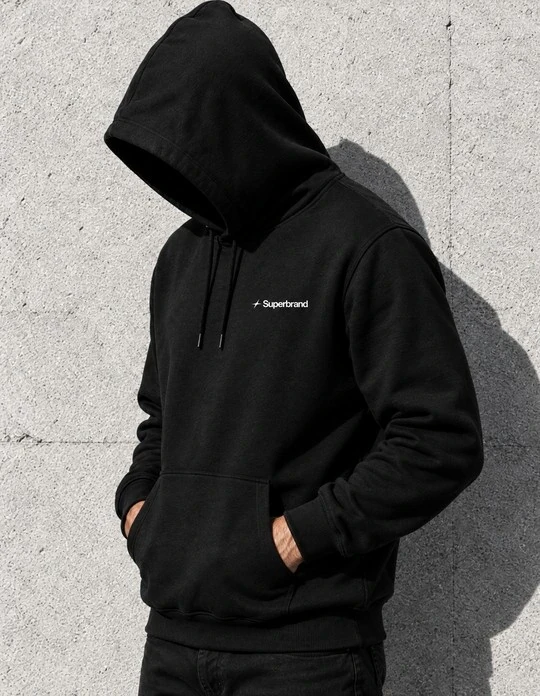 Someone in a black Superbrand hoodie, hood up, against a concrete wall.