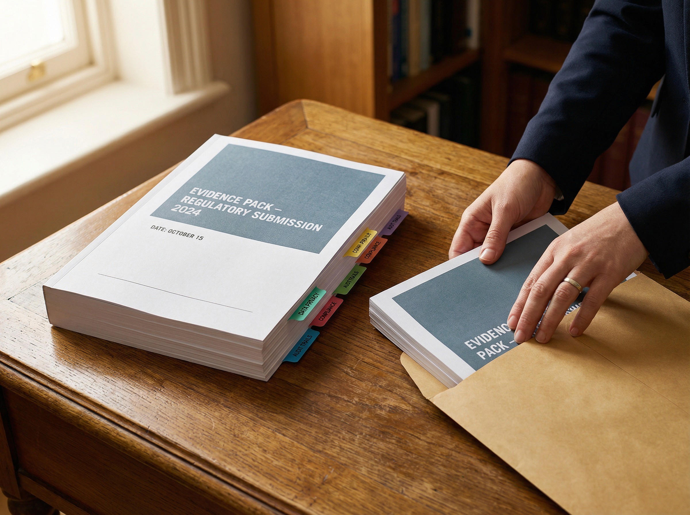 A close, clean shot of a thick, professionally bound evidence pack sitting on a polished timber desk, slightly angled, with a second copy beside it in a large envelope ready to be sent. The evidence pack has a structured cover page with a coloured header block, a date, and section tabs visible along the edge — clearly a substantial, organised document. A hand is visible at the edge of frame, sliding the second copy into the envelope.