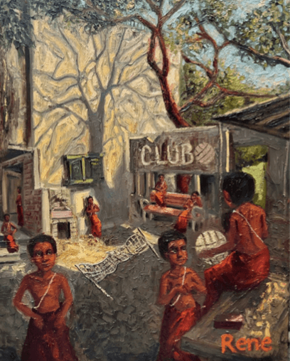 herd of sheep on road painting