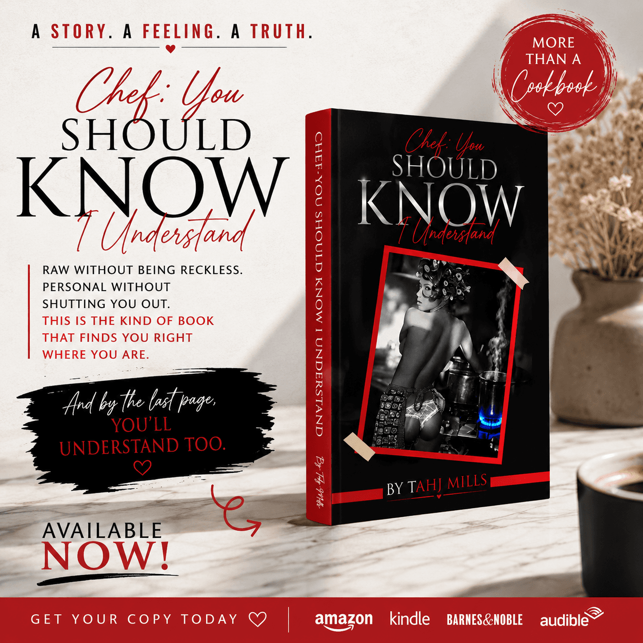 Promotional graphic featuring Chef: You Should Know I Understand book cover, tagline, purchase availability, and retail platform logos.