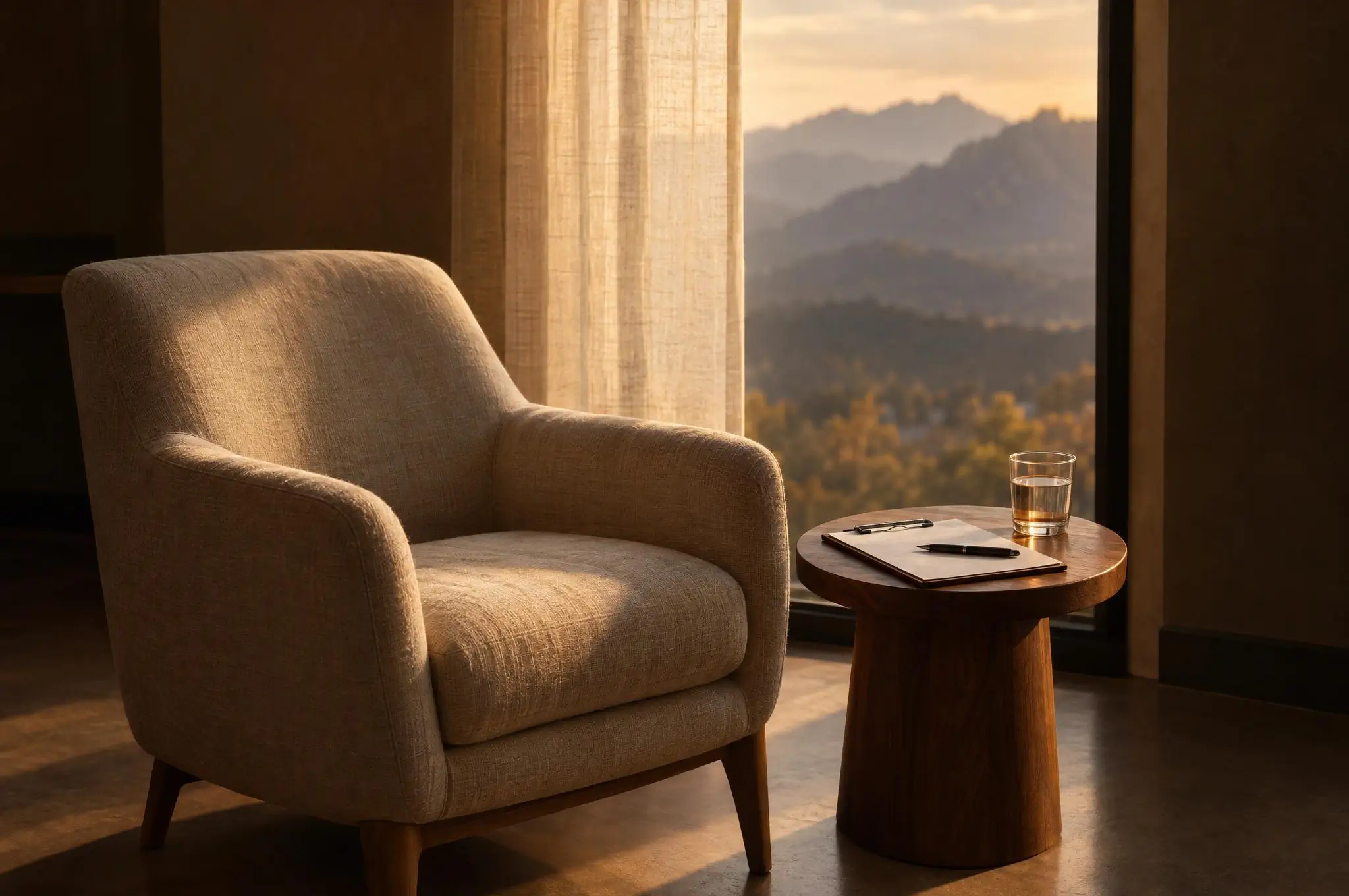 Waiting room with a linen armchair by a tall window facing the Flatirons