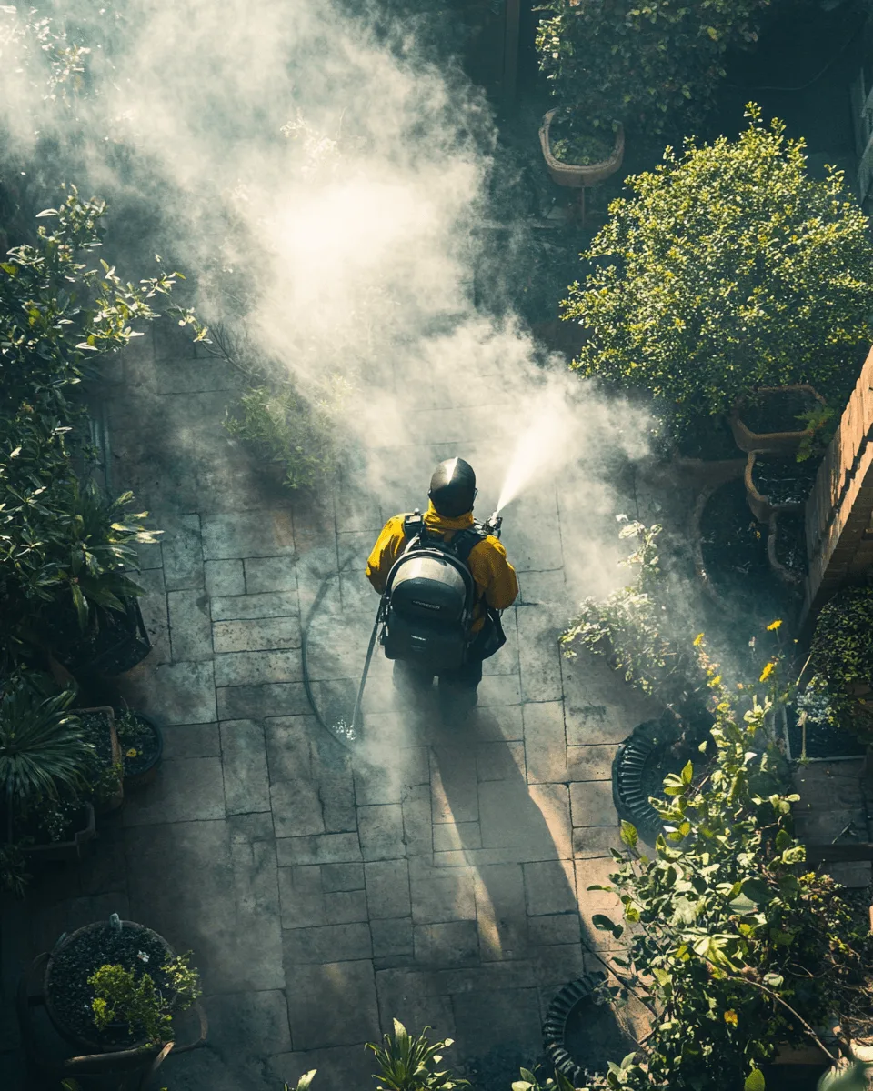 Overhead view of a technician in yellow misting a garden path between planters