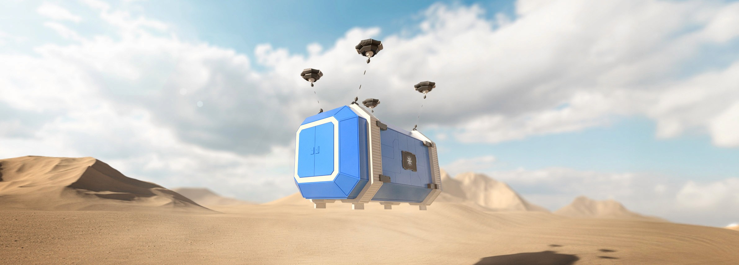 3D model of a shipping container carried by powerful drones in desert background