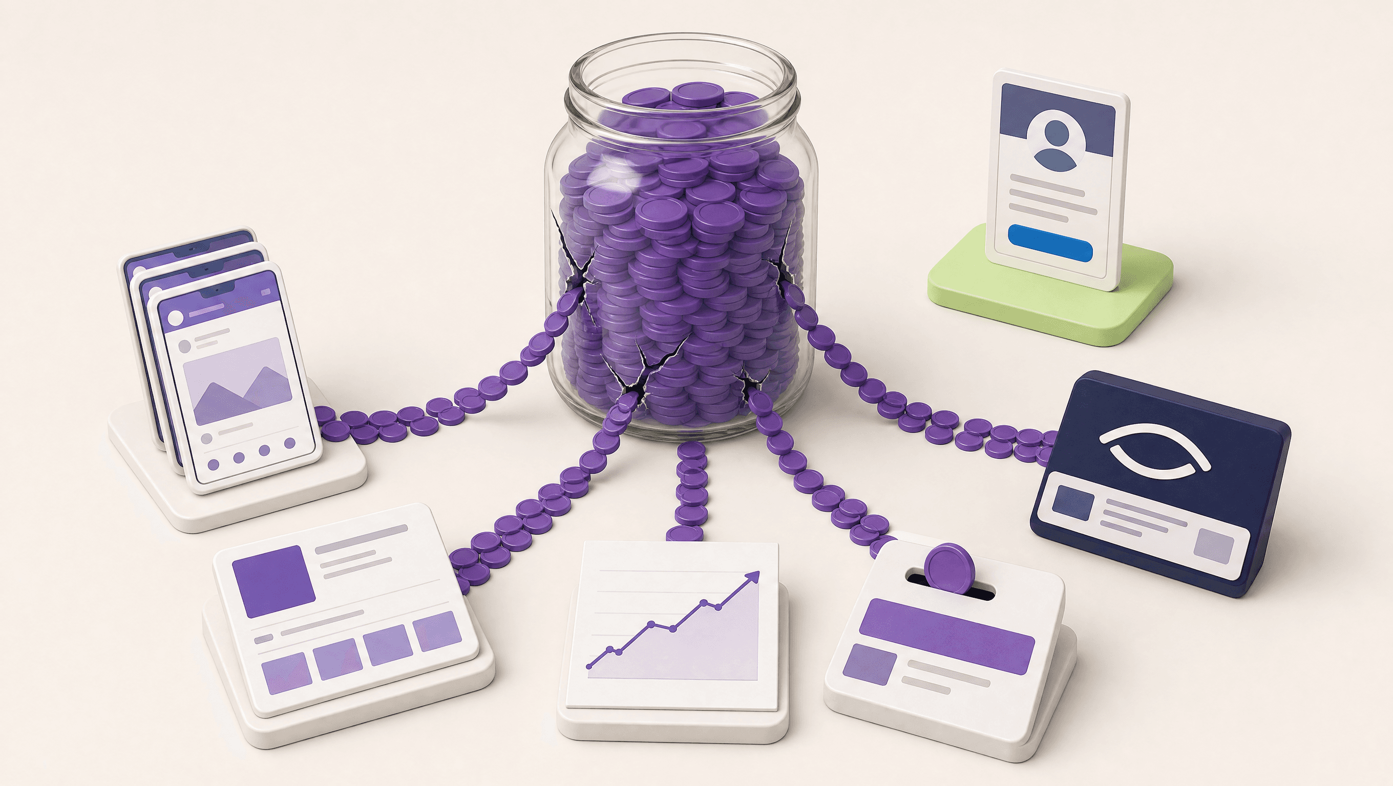 3D illustration on a cream background: a cracked budget jar leaking purple coins toward five destinations, beside a LinkedIn personal profile on a green tile
