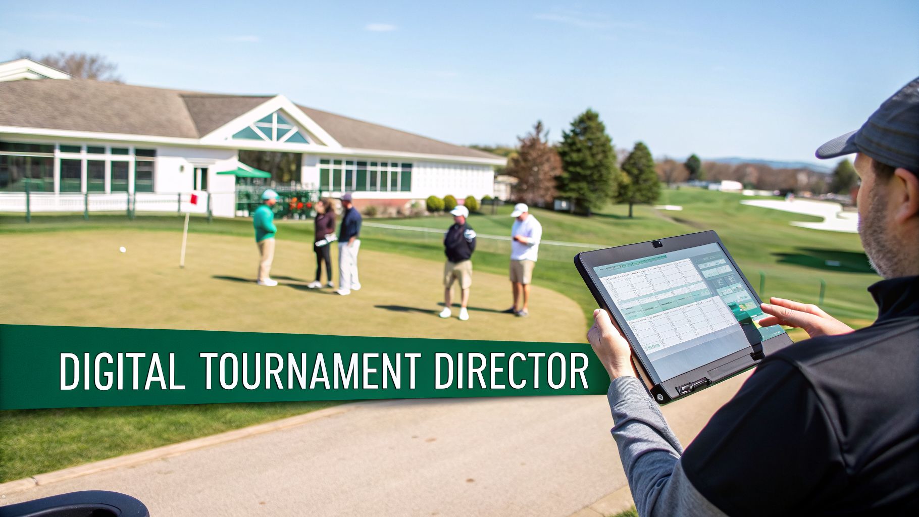 A man uses a tablet as a digital tournament director on a golf course with golfers on the green and a clubhouse in the background.