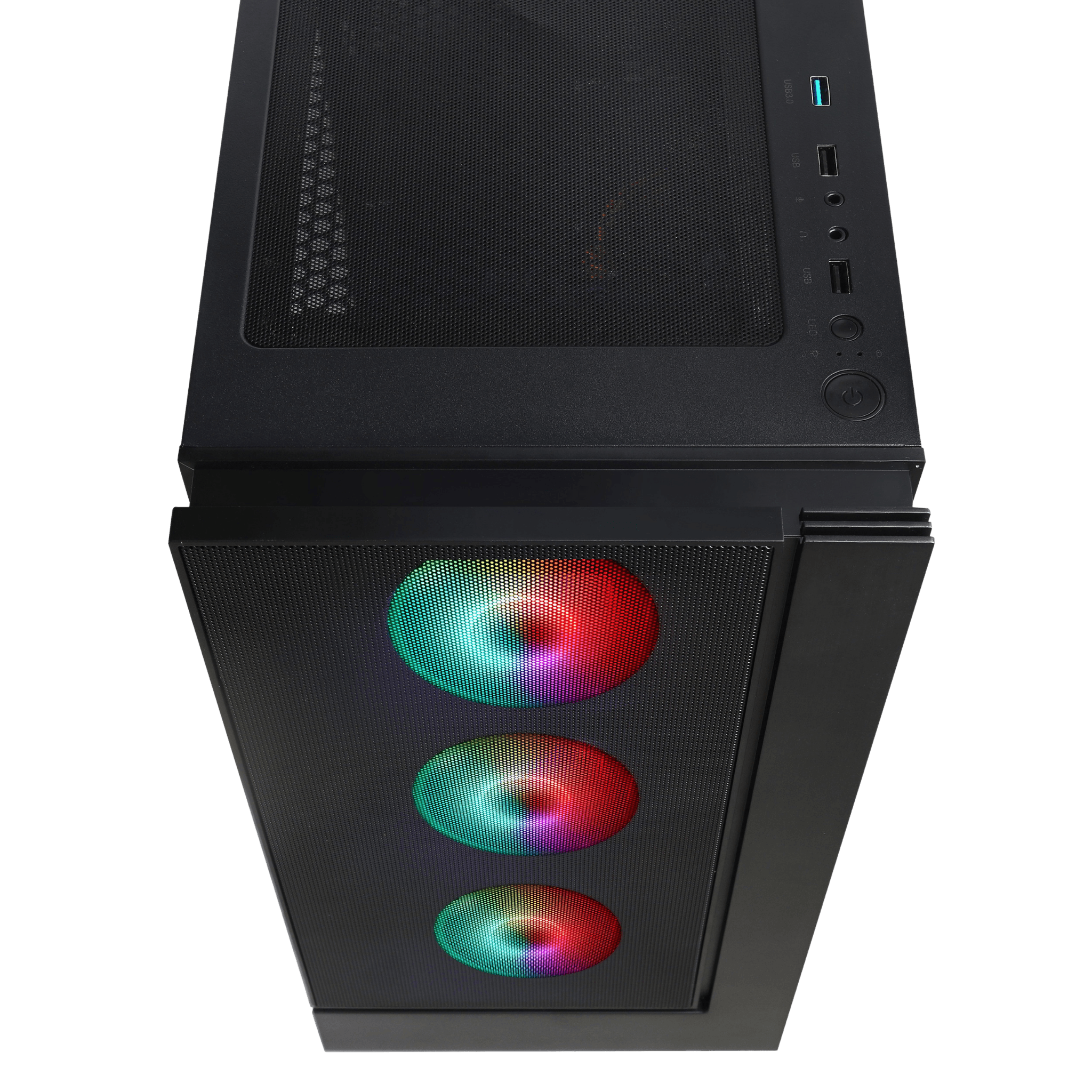 Top view of a sleek black gaming PC case with RGB fans glowing in vibrant colors. This high-performance tower offers advanced cooling and customization, making it a perfect choice for building the best gaming PC of 2023, ideal for a smooth and immersive gaming experience.