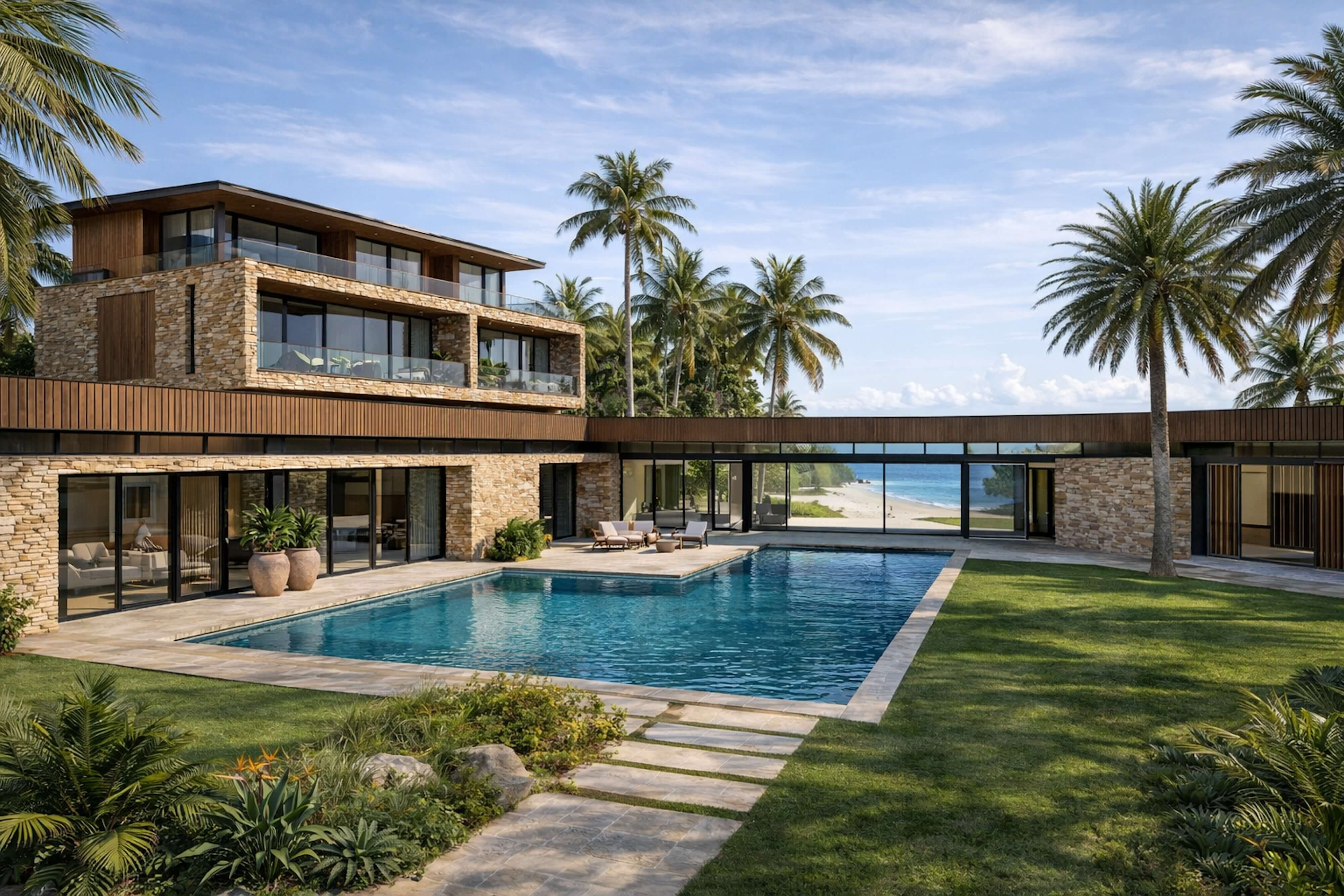 A coastal outdoor design centered around a private courtyard pool, designed as an exterior outdoor living space that connects interior and exterior zones. Large windows and slide glass doors open to an outdoor living area with lounge seating and an outdoor kitchen nearby. This coastal patio and terrace design supports luxury outdoor living along the coast, blending coastal materials, clean lines, and a calm color palette for long-term comfort and everyday use.