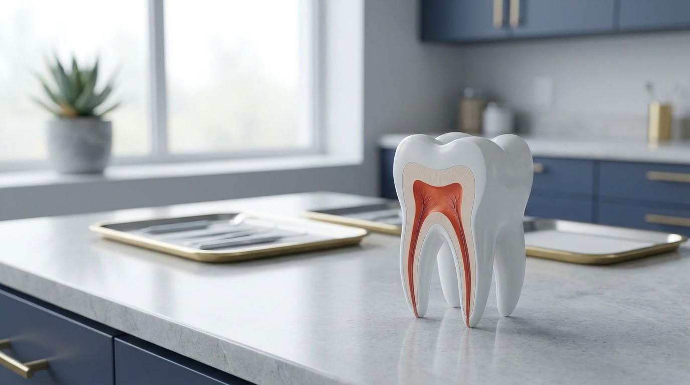 A white cutaway tooth model showing the red inner pulp sits on a clean counter beside instrument trays in a bright office