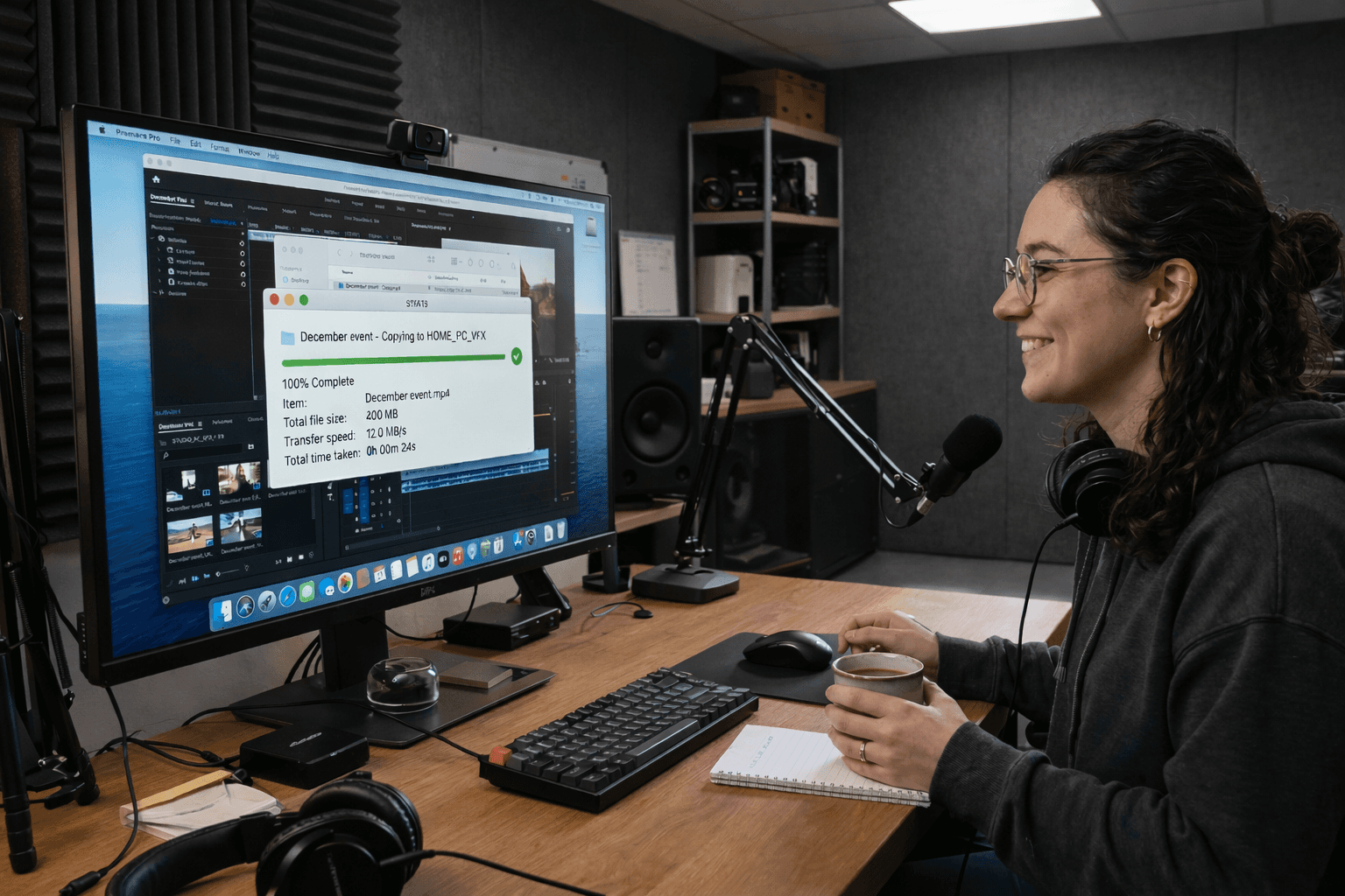 video editor transferring short videos files from her studio pc to home laptop for final touches