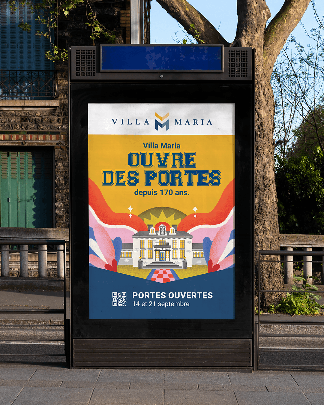 Streetside billboard with flyposters of the Batch.Works brand and illustrations