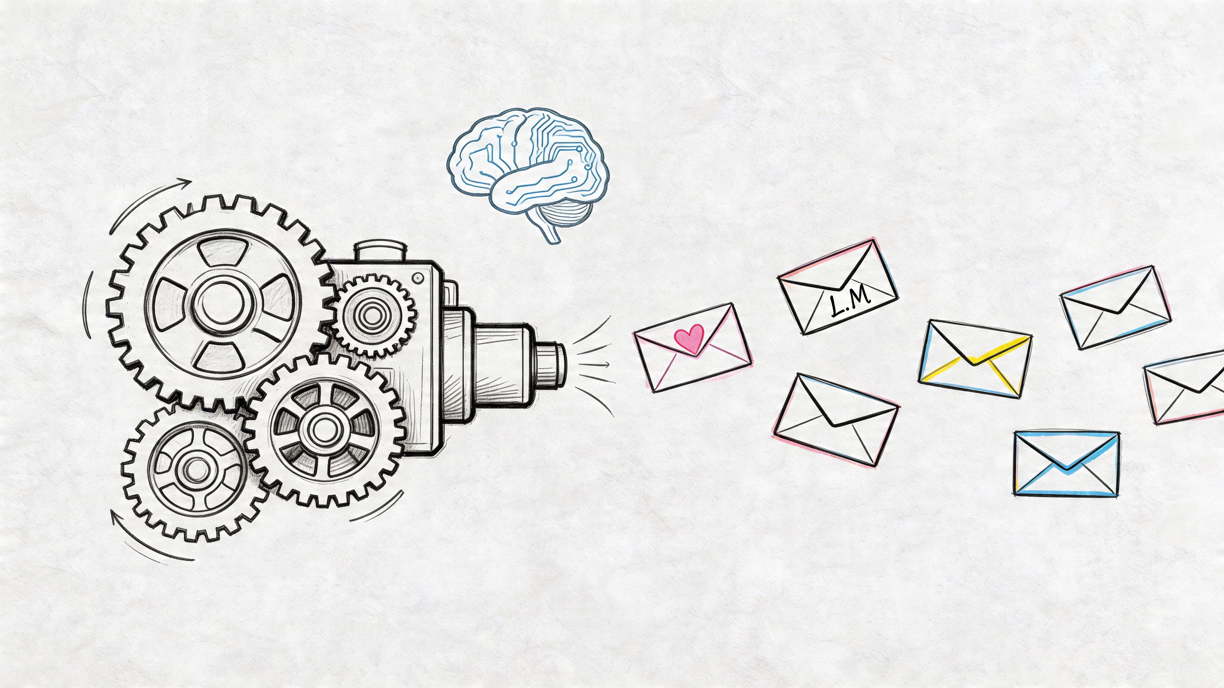 A conceptual drawing of a mechanical gear machine with a digital brain outputting various colorful email envelopes.