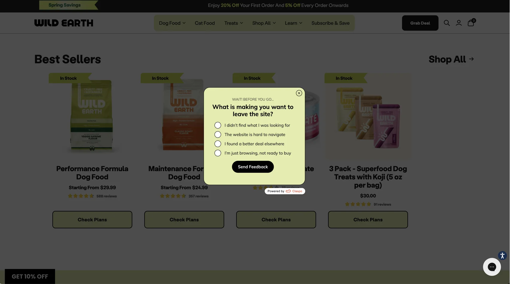 A centered exit-intent feedback survey popup on the Wild Earth pet food website, collecting customer insights on user abandonment reasons using a clean radio-button questionnaire layout.