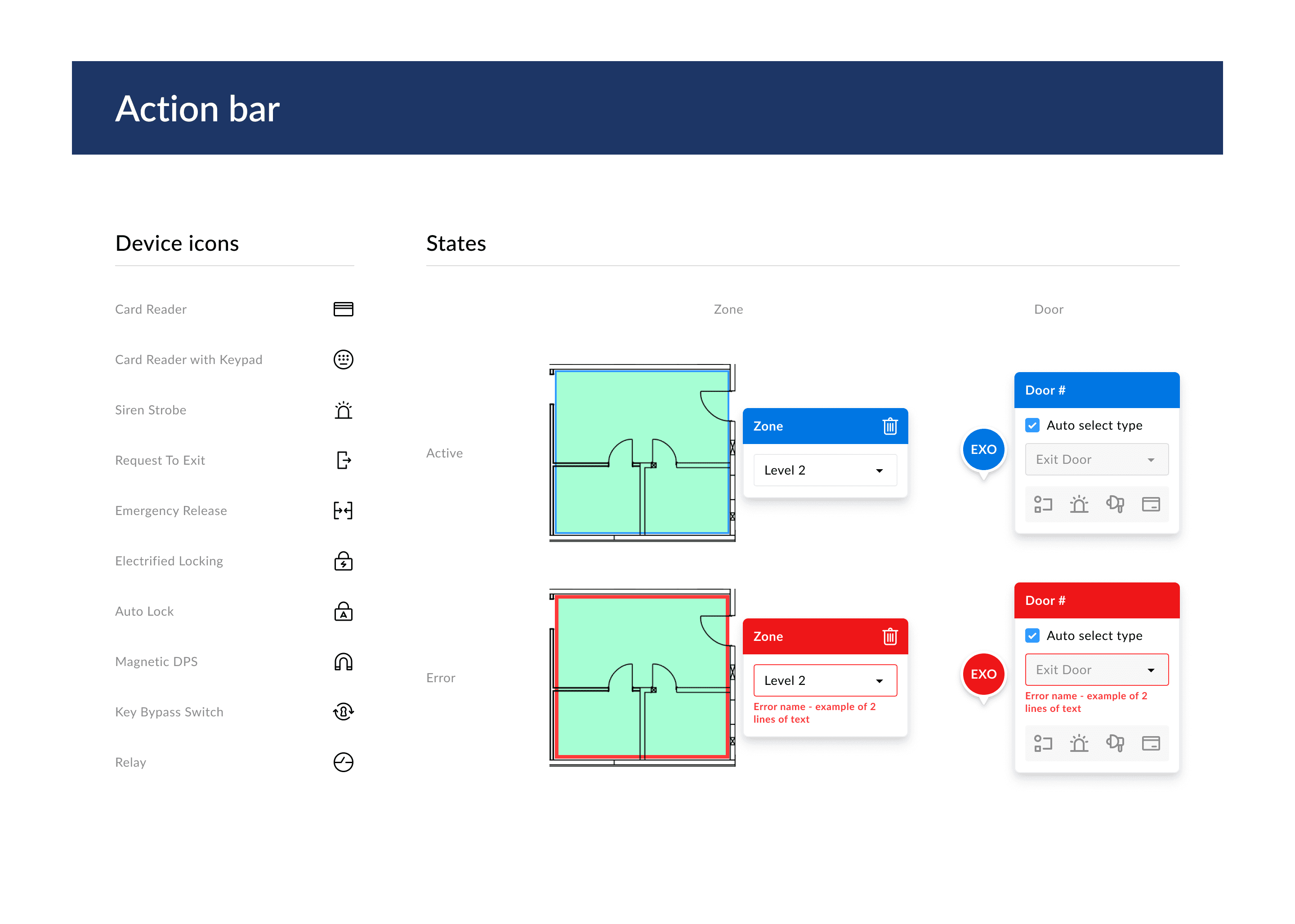 Artboard showing the icons created for the door action bar and the states of the zone and door action bars