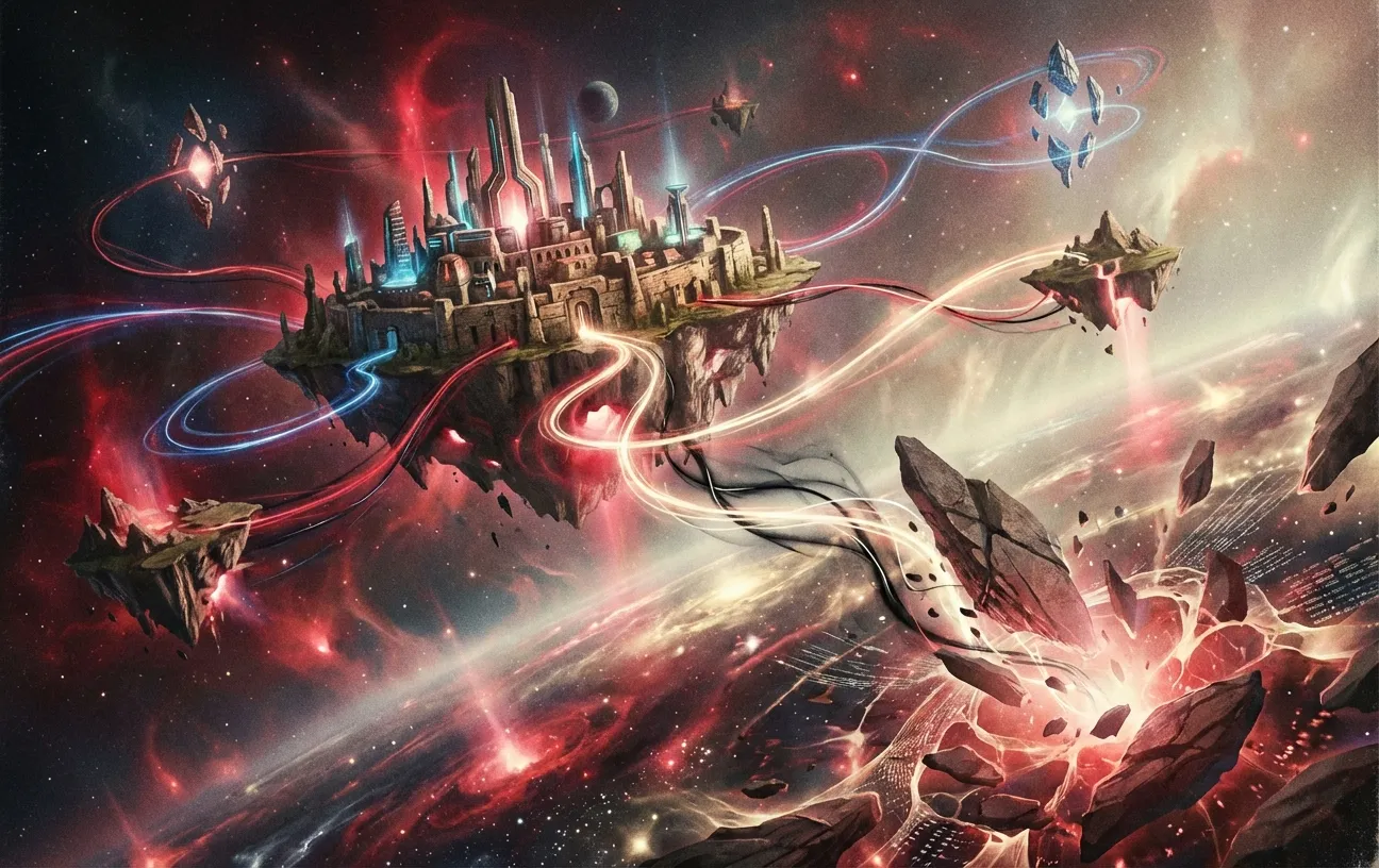 Floating kingdom with cosmic trails, representing RockN' Socials Digital Marketing.